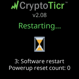 The ticker’s own start screen: Restarting…, with the reset code underneath