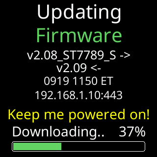 The update screen: Updating Firmware, the version it is coming from and going to, keep me powered on, and a progress bar