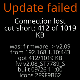 Update failed: connection lost, cut short at 412 of 1019 KB, with the details underneath