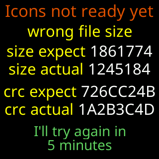 Icons not ready yet: wrong file size, with the expected and actual sizes and checksums
