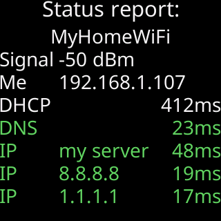 The Status report card: network name, signal, address and timings for DHCP, DNS and three servers