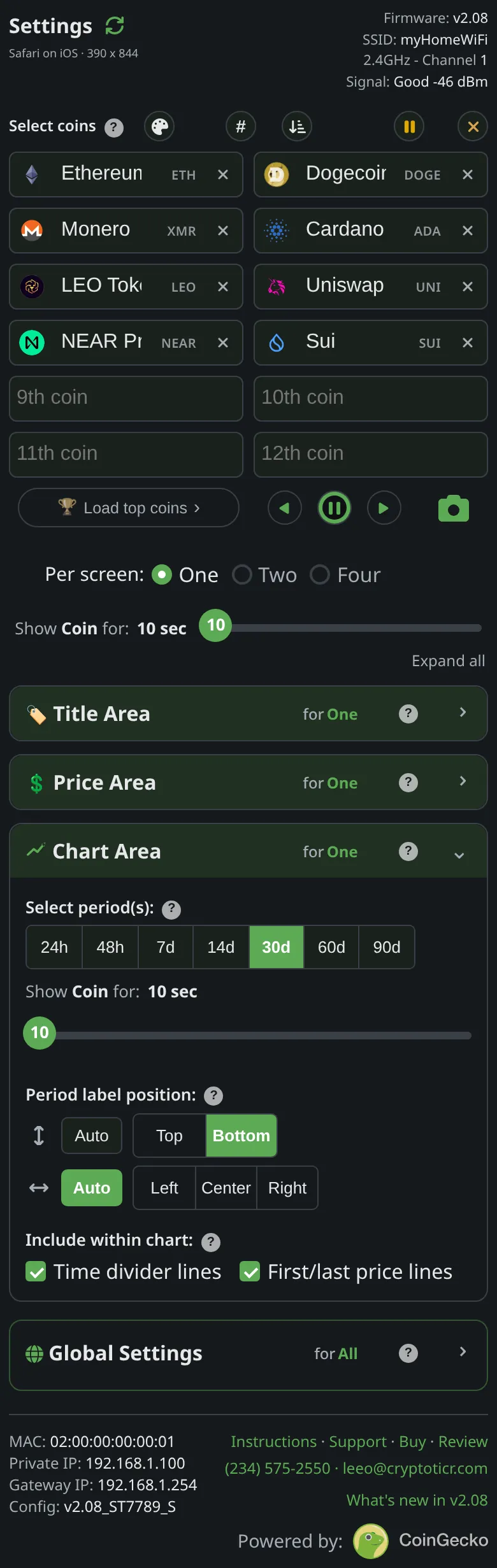 Select coins: eight coins in the boxes at the top of the settings page, with Chart Area open below them