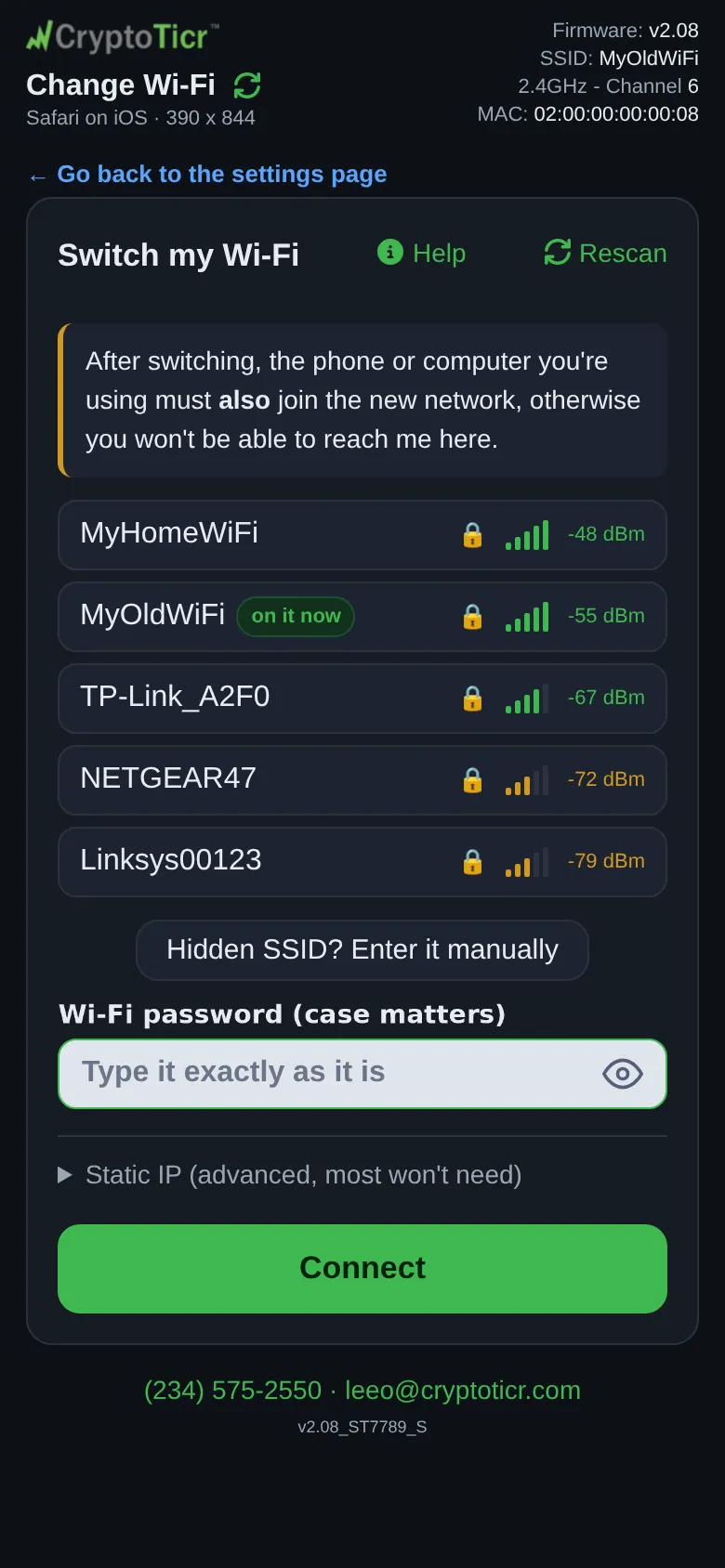 The phone at step 2: Pick the new network