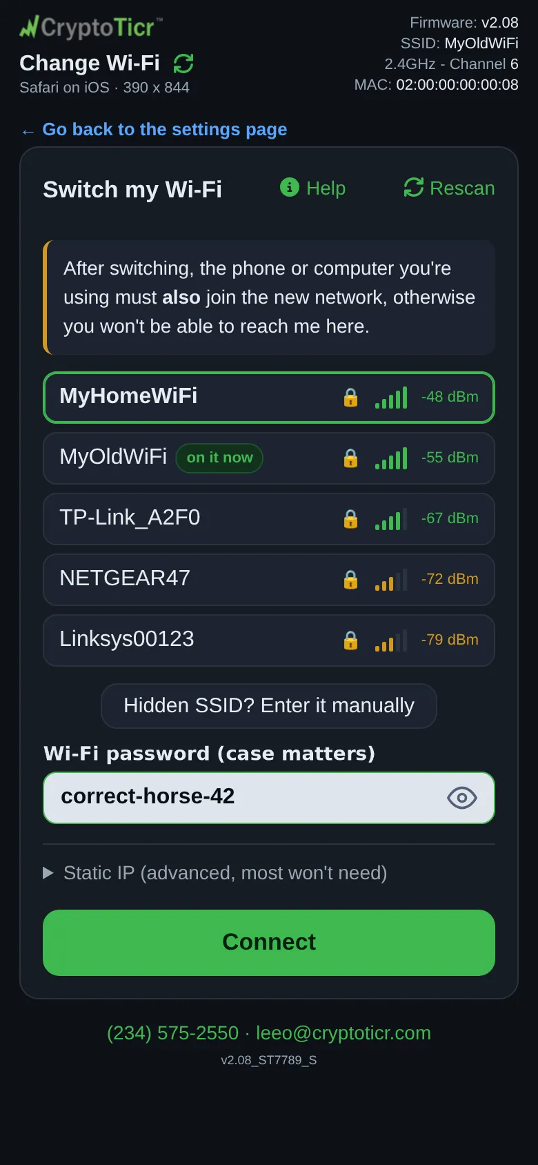The phone at step 3: Type its password, tap Connect