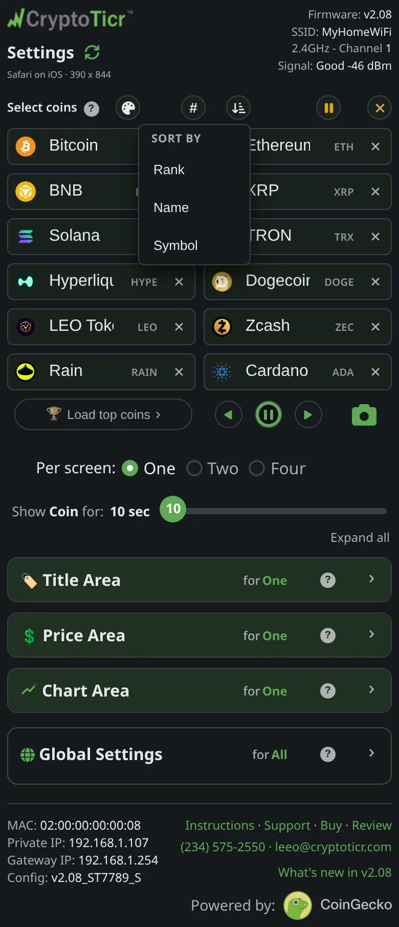 The Sort coins menu open, offering Rank, Name and Symbol