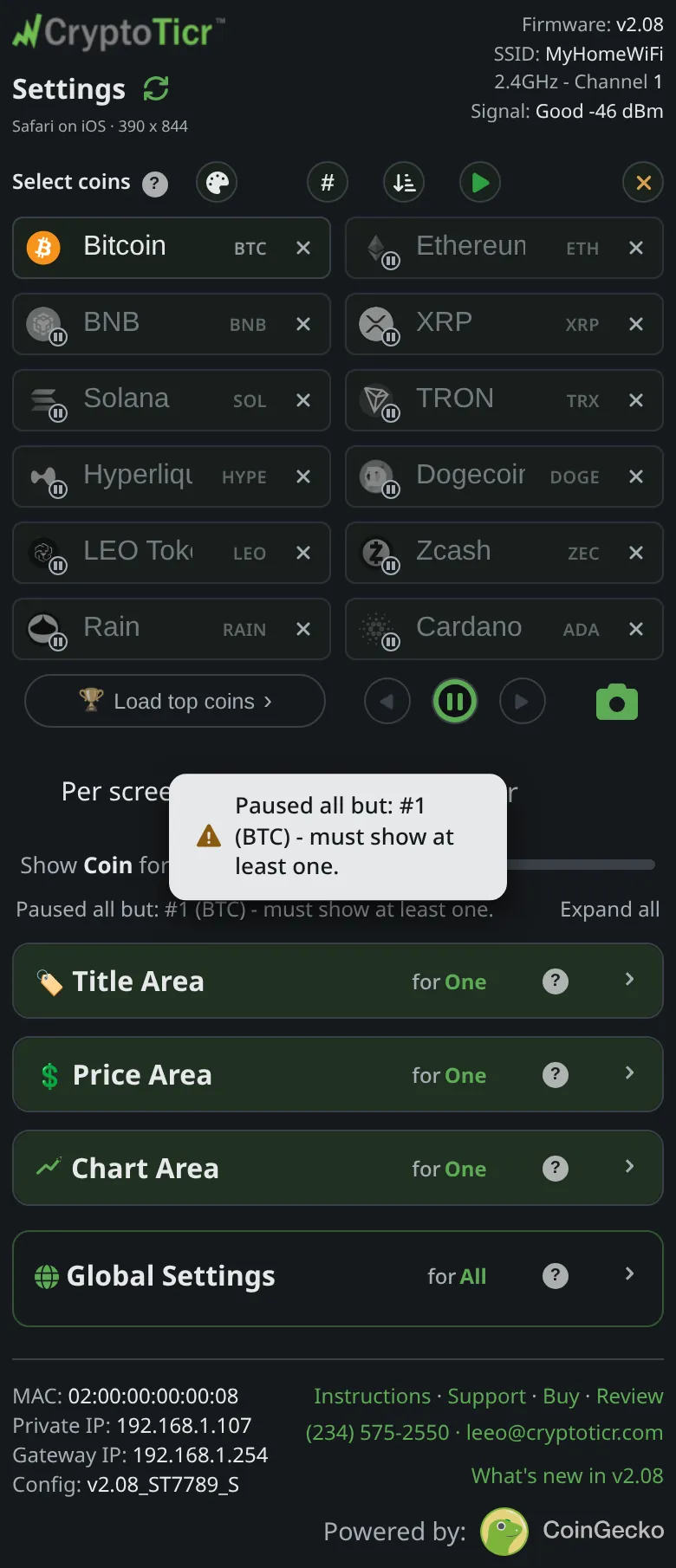 The settings page with every coin paused: the transport strip under the boxes, the pause button ringed