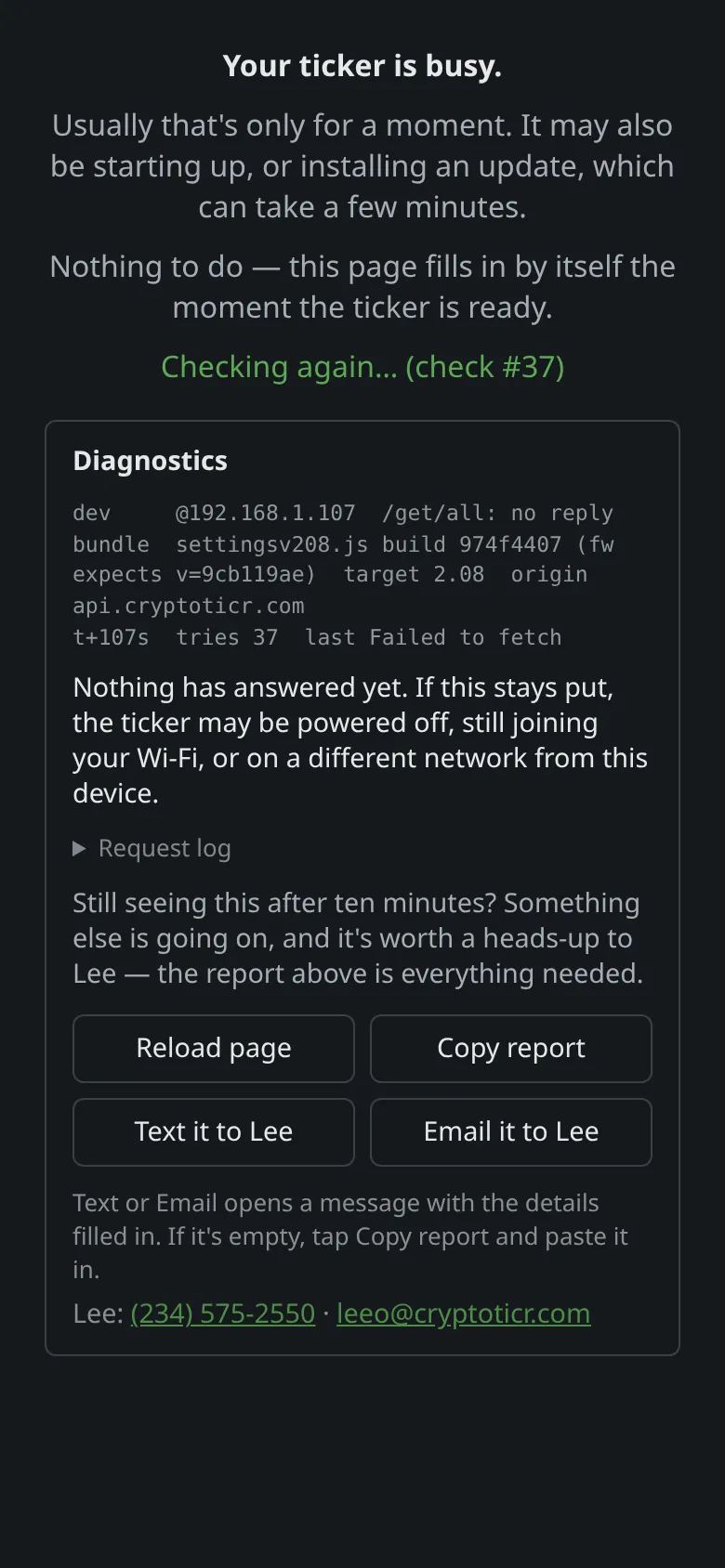 The same page later: a Diagnostics box, with Reload page, Copy report, Text it to Lee and Email it to Lee