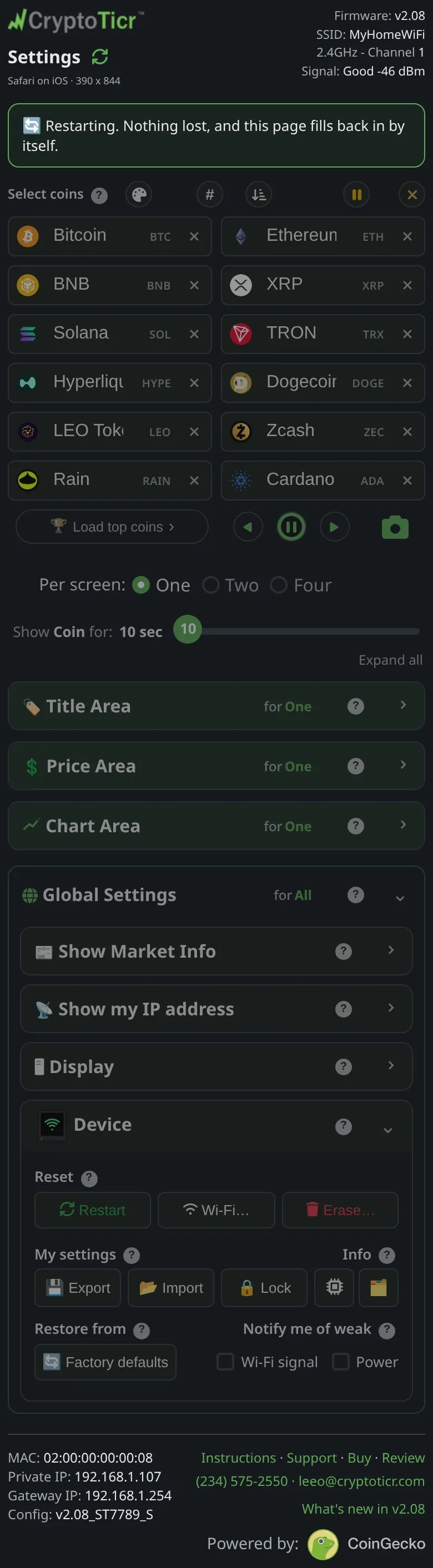 The settings page dimmed, with the Restarting banner across the top