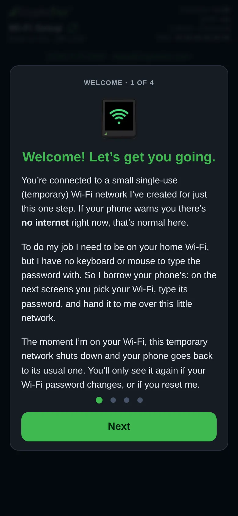 The setup page’s first welcome card, read before choosing a network