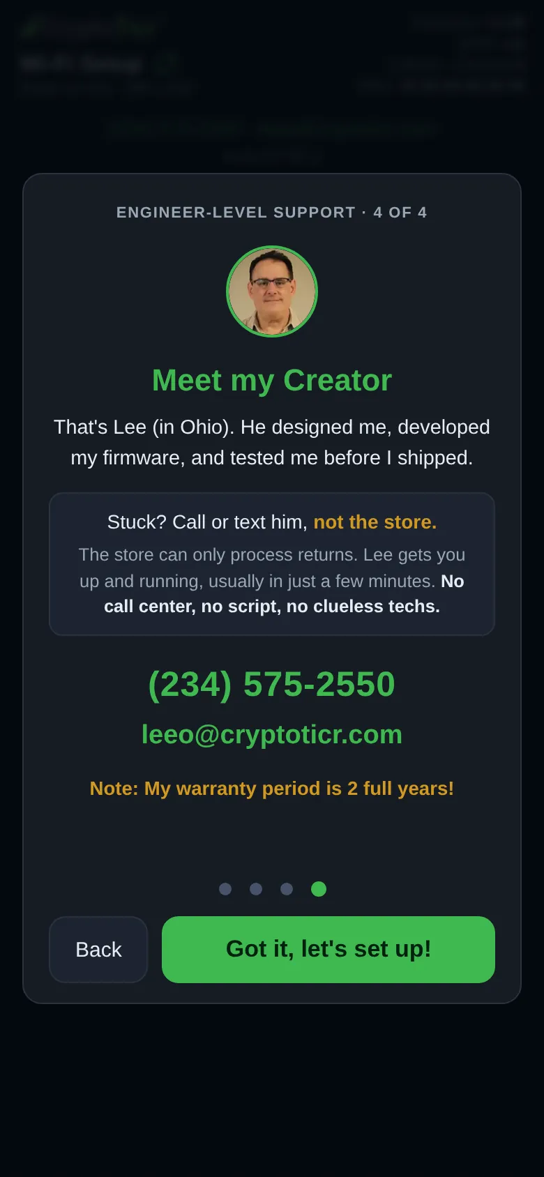 Card 4 of 4, Meet my Creator, Lee’s photo, phone number and email