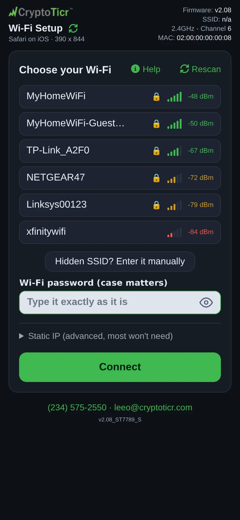 The setup page’s Choose your Wi-Fi screen, listing nearby networks