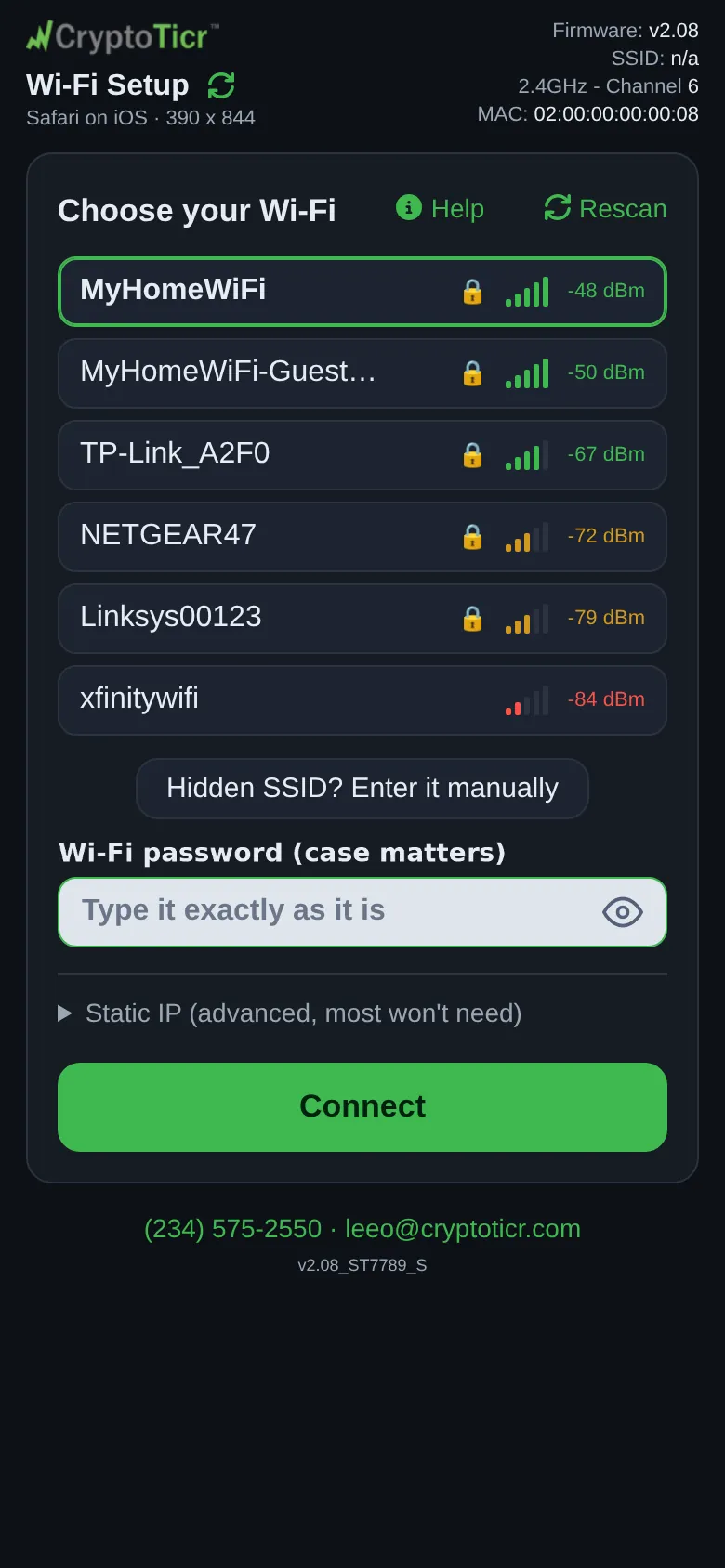 The setup page after tapping a network in the list
