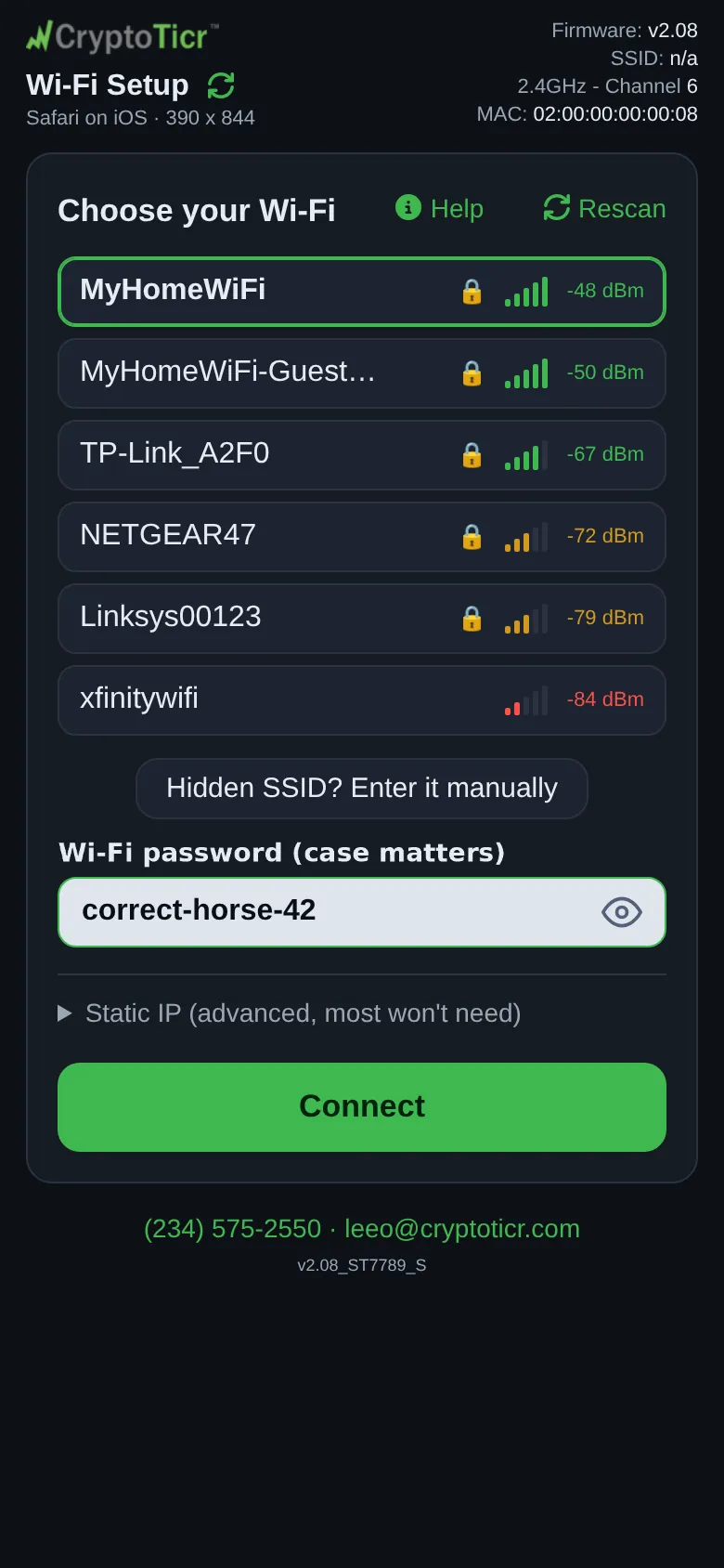 The setup page’s password box for the chosen network