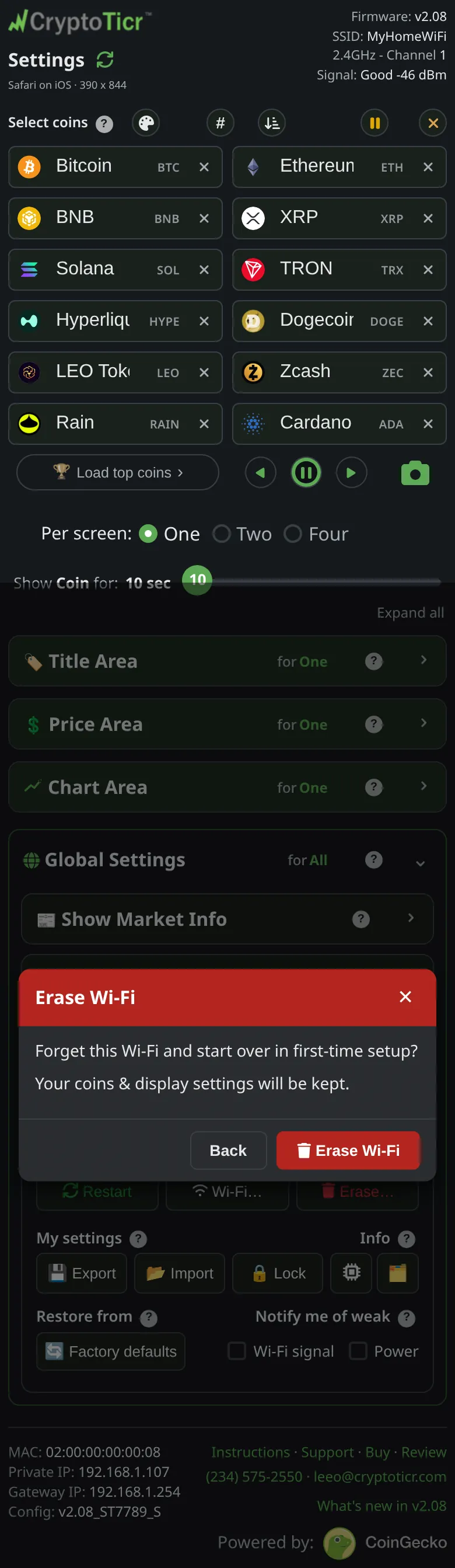 The phone at step 1: Tap Wi-Fi…, then Erase Wi-Fi