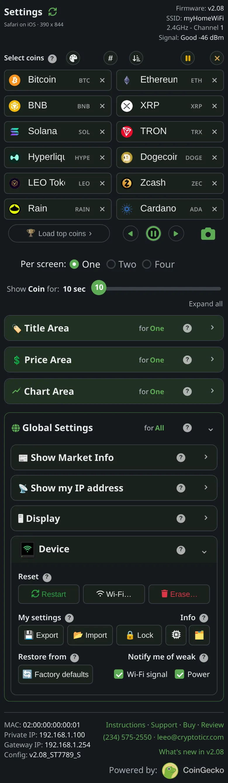 The settings page with its Device section open: Reset, My settings, Restore from and Notify me of weak