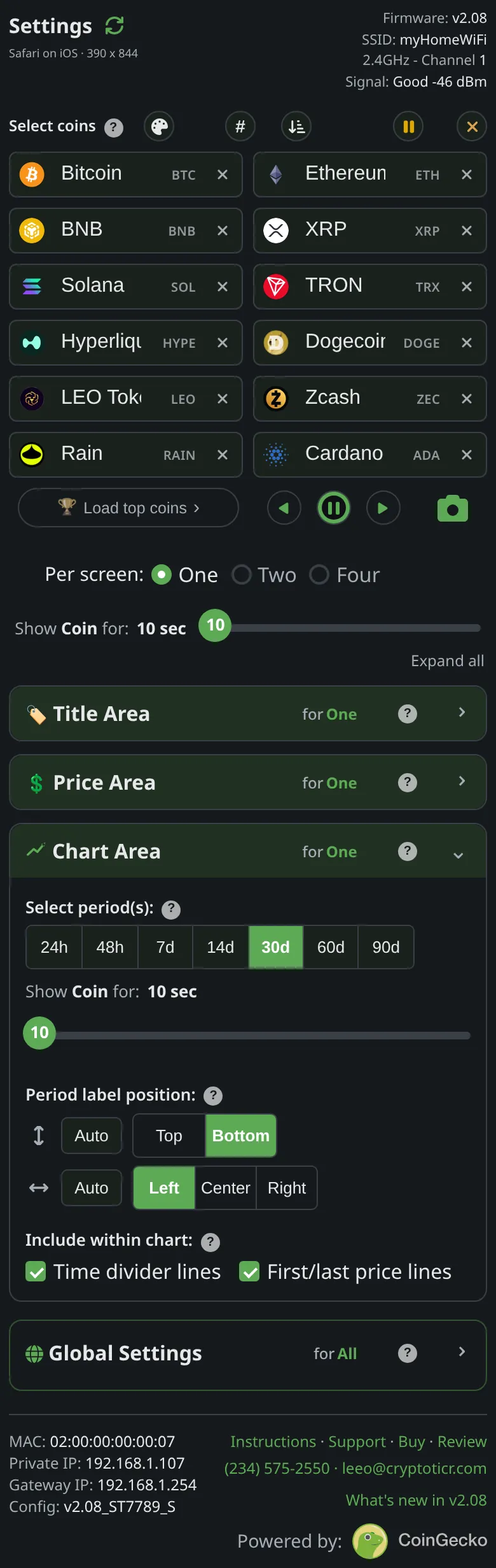 The chart section of the settings page