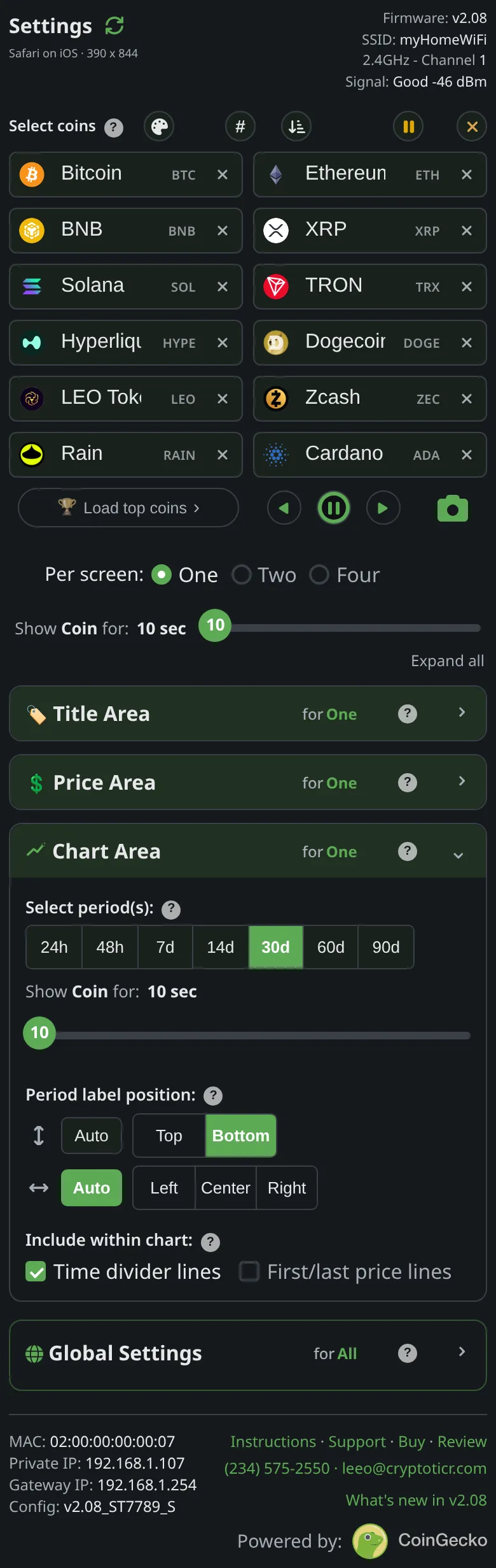 The chart section of the settings page