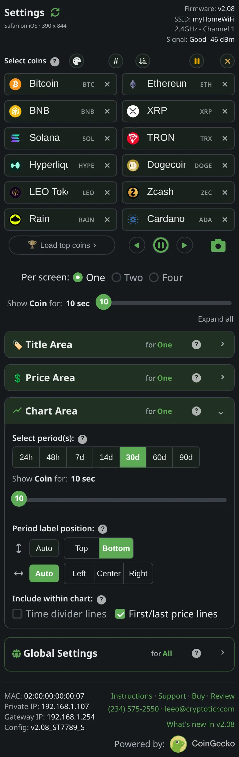 The chart section of the settings page