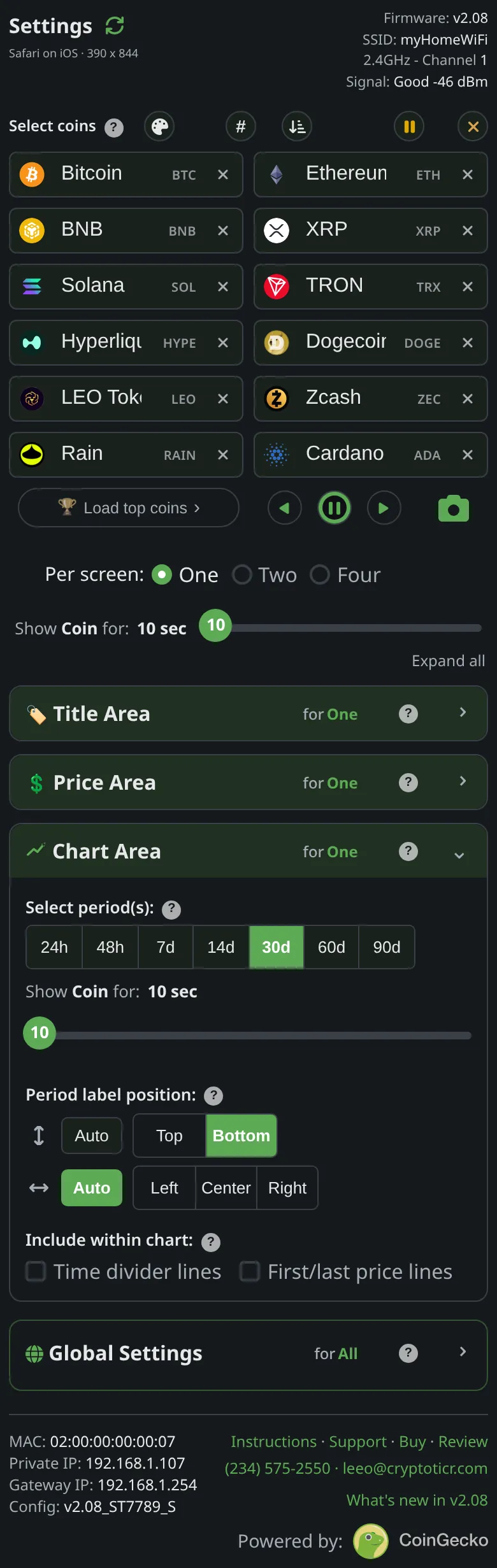 The chart section of the settings page