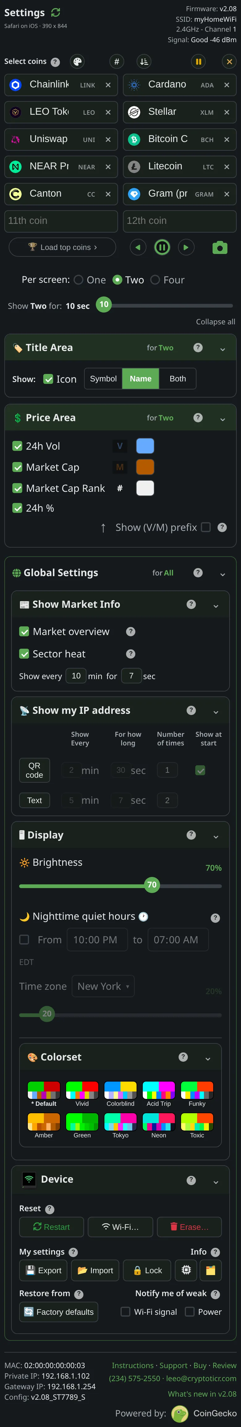The settings page of the ticker showing 02, as it looks on a phone