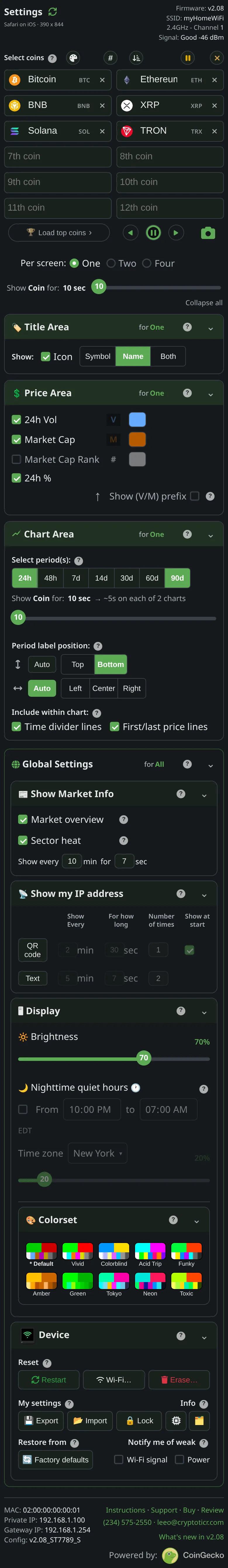 The settings page of the ticker showing hero, as it looks on a phone