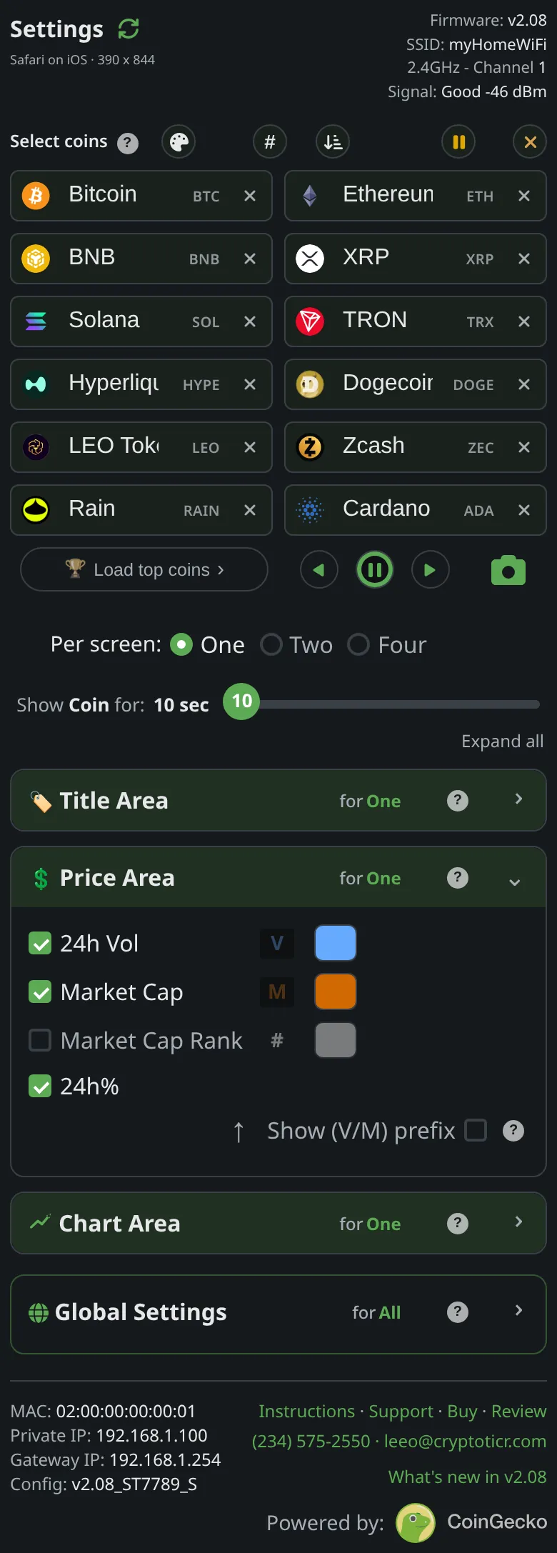 The Market Cap row in Price Area, with its color swatch and Default button