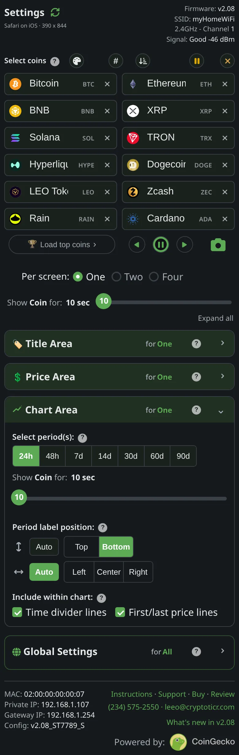The chart section of the settings page