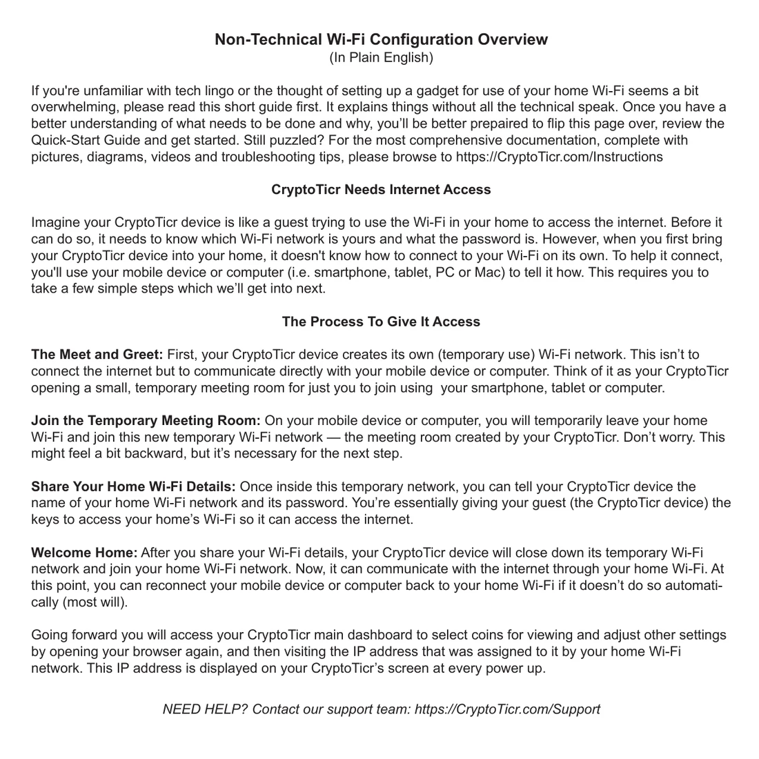 The printed back of the card: Wi-Fi setup explained without jargon, as a meet-and-greet in a temporary room