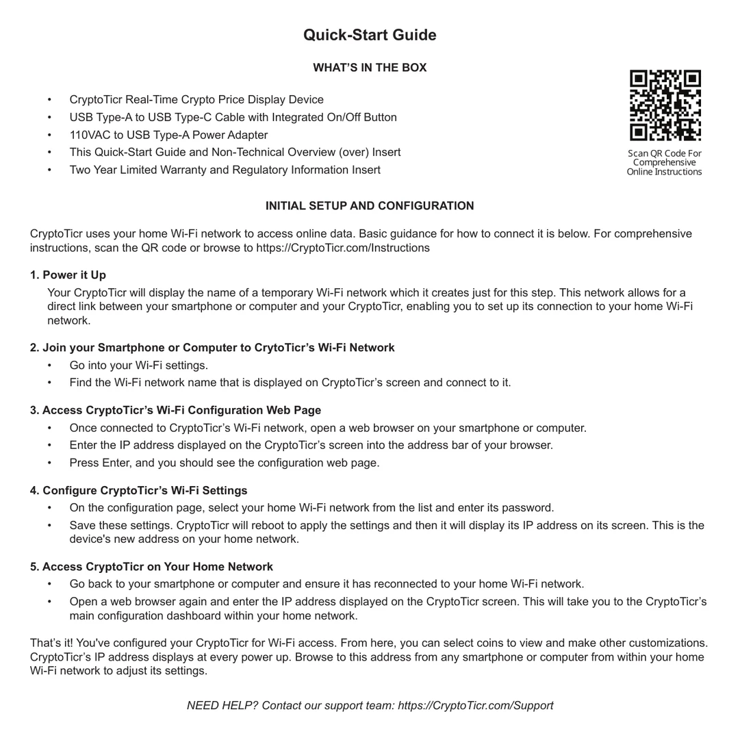 The printed Quick-Start card: what is in the box, then five numbered setup steps and a QR code to the full instructions
